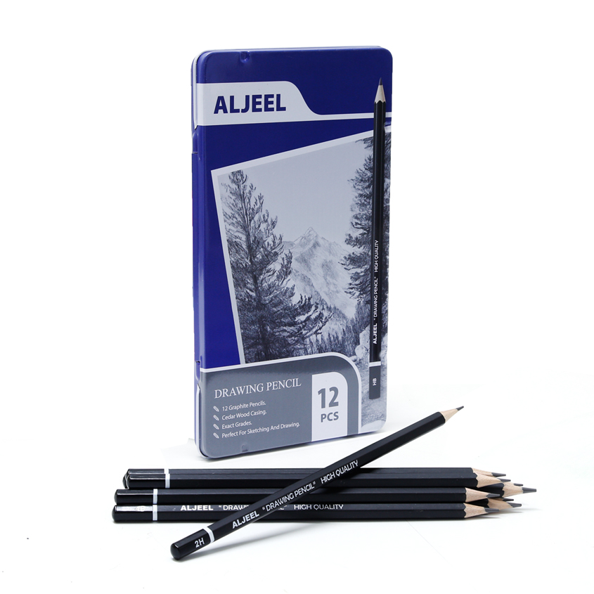 أقلام خشبي الجيل متدرج 12قلم علبة حديد ALJEEL H4-6B